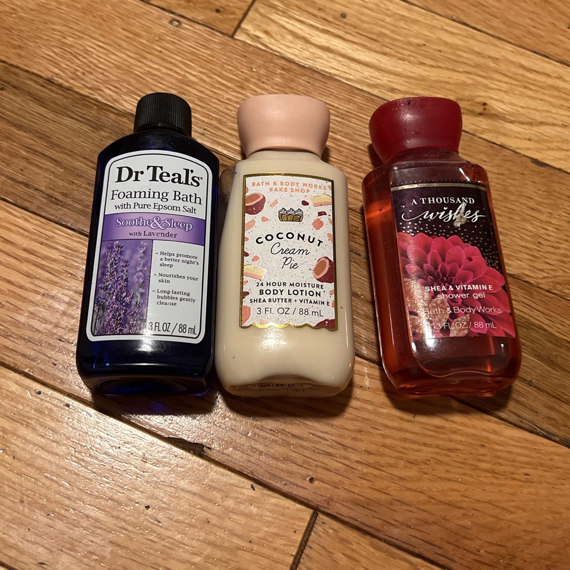 Coconut cream pie body lotion, a thousand wishes shower gel, dr teal foaming bath trial sizes lot of 3