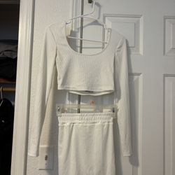 White Long Sleeve Crop Top and Skirt Set