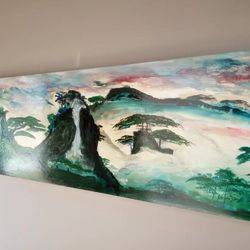 Wood Wall Decor Painting Chinese Waterfall Mountain Abstract 