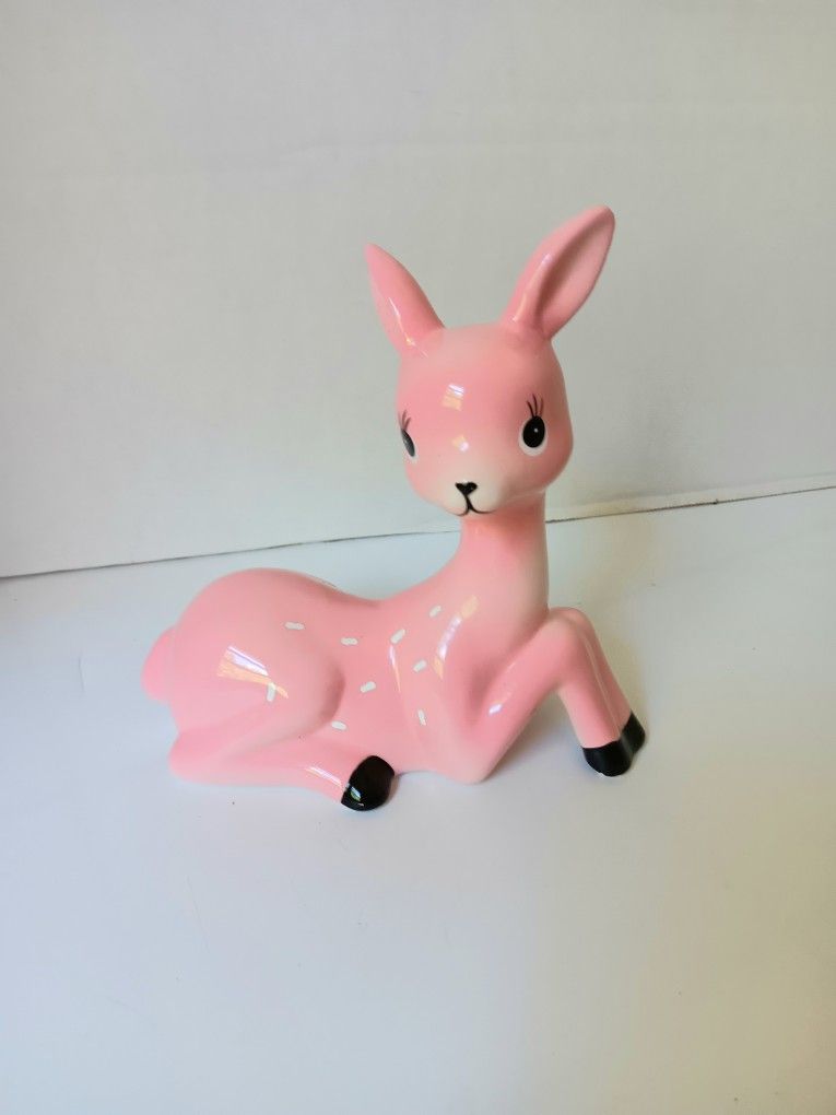 Pink Ceramic Vintage Deer Fawn Animal Figurine. 7" Home Decor. Wildlife