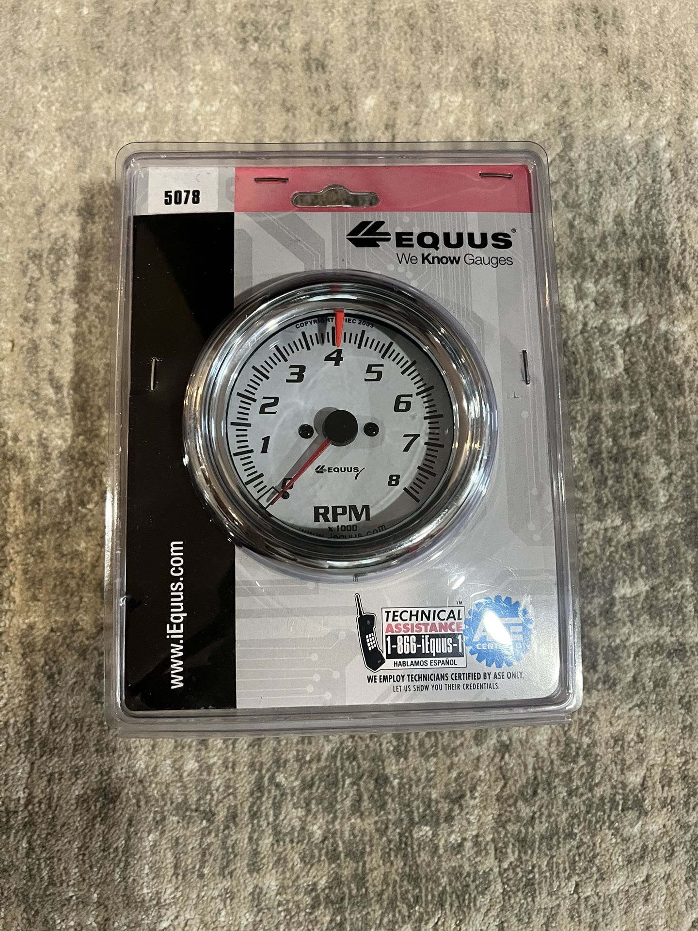 Equus E5078 Gauge Tachometer 3-3/8" 8k RPM Wht Dial 5000 Series
