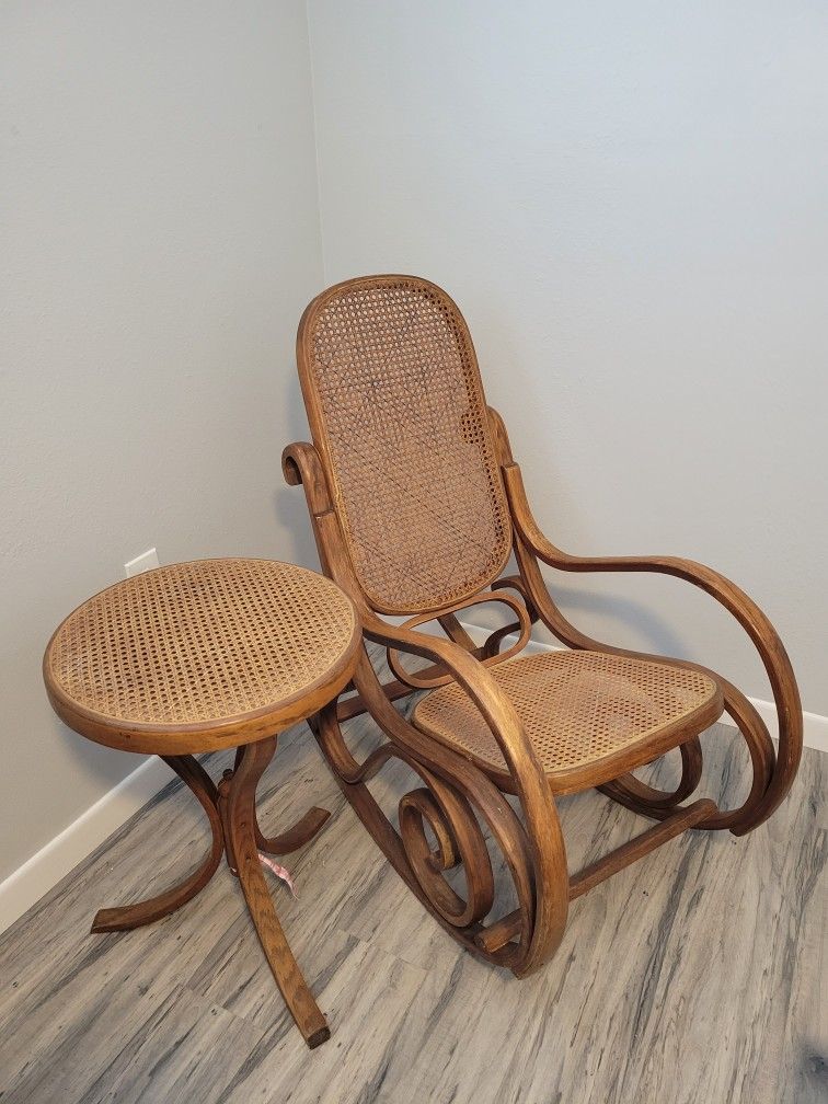 Vintage Bentwood Rattan Rocking Chair And Side Table 