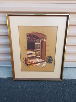 1980's Embroidery Needlepoint Crewel Art Framed Gateway To Peace Vintage