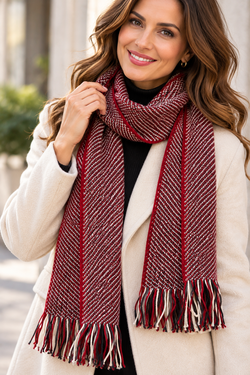 Red Cream & Gray Woven Scarf – Textured Winter Scarf with Multicolor Fringe