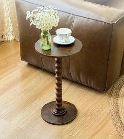 Rustic Round Bobbin Pedestal Side Table