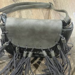 Genuine Leather Fringe Crossbody - Grey