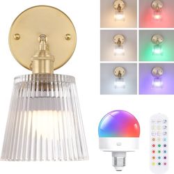 Vintage Battery Operated Wall Sconce with Transparent Stripe Glass Lampshade Rechargeable Battery Powered Wall Light with Remote Control