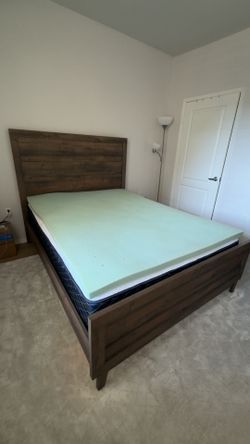 Queen Bed (bed frame, box spring, mattress, headboard, mattress topper, and rug)