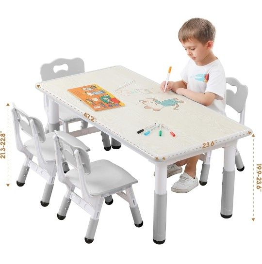Kids Table and Chairs Set, Height Adjustable Desk With 6 Seats for Ages 3-12,Arts & Crafts Tabletop