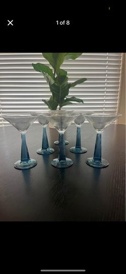 Bombay Sapphire Martini Glass Set (7) – Blue Square Twisted Stem, Vintage Barware