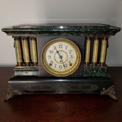 1880's Seth Thomas Mantle Clock 6 column Green & amber Adamantine Mechanism cleaned & serviced by professional horologist .  Key included* Exterior is