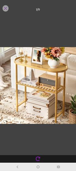 Small Entryway Table Bamboo 30.7", Narrow Hallway Table Oval Top 2-tier, Slim Console Table with Anti-fall Edge, Sofa Side Table 5min Easy Assembly, S