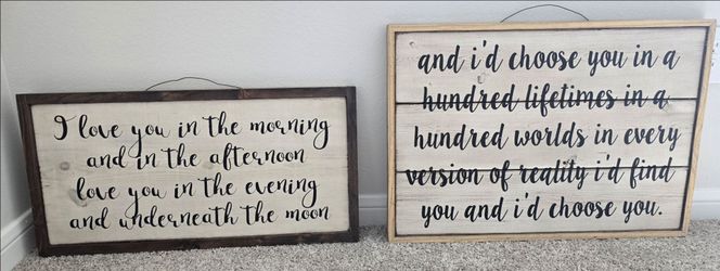 Two wooden hang pictures
