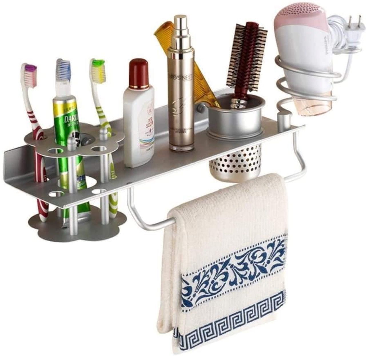 Bathroom Hair Dryer Holder Hair Blow Dryer Comb Holder Organizer Shelf Rack Stand Wall Mounted Hanging Rack with Cup Space Aluminum (with Toothbrush H