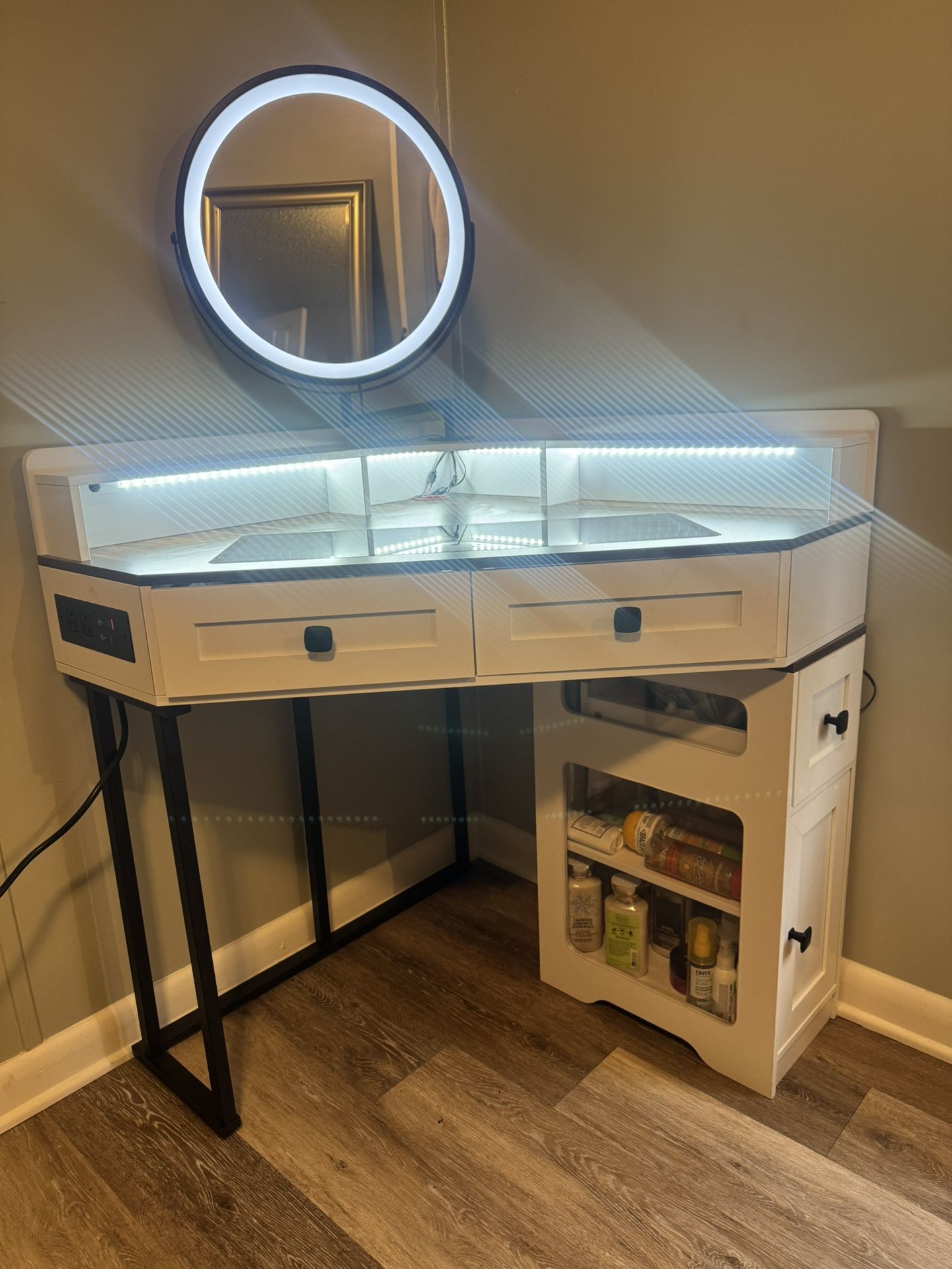 Modern LED Light Vanity Desk with Outlets + Mirror