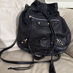 Balenciaga perforated leather bucket bag Black pampille pompon moto purse crossbody gold hardware