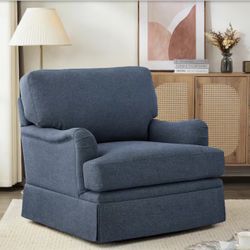 32 in. W Dark Blue Fabric 360° Swivel Accent Chair Modern Upholstered Armchair Metal Base Barrel Sofa Chair