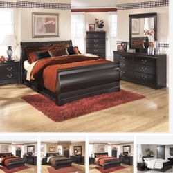 Huey Vineyard Black Sleigh Bedroom Set ( Queen, king, twin, full bedroom set - bed frame- tall dresser, nightstand and chest, mattress options