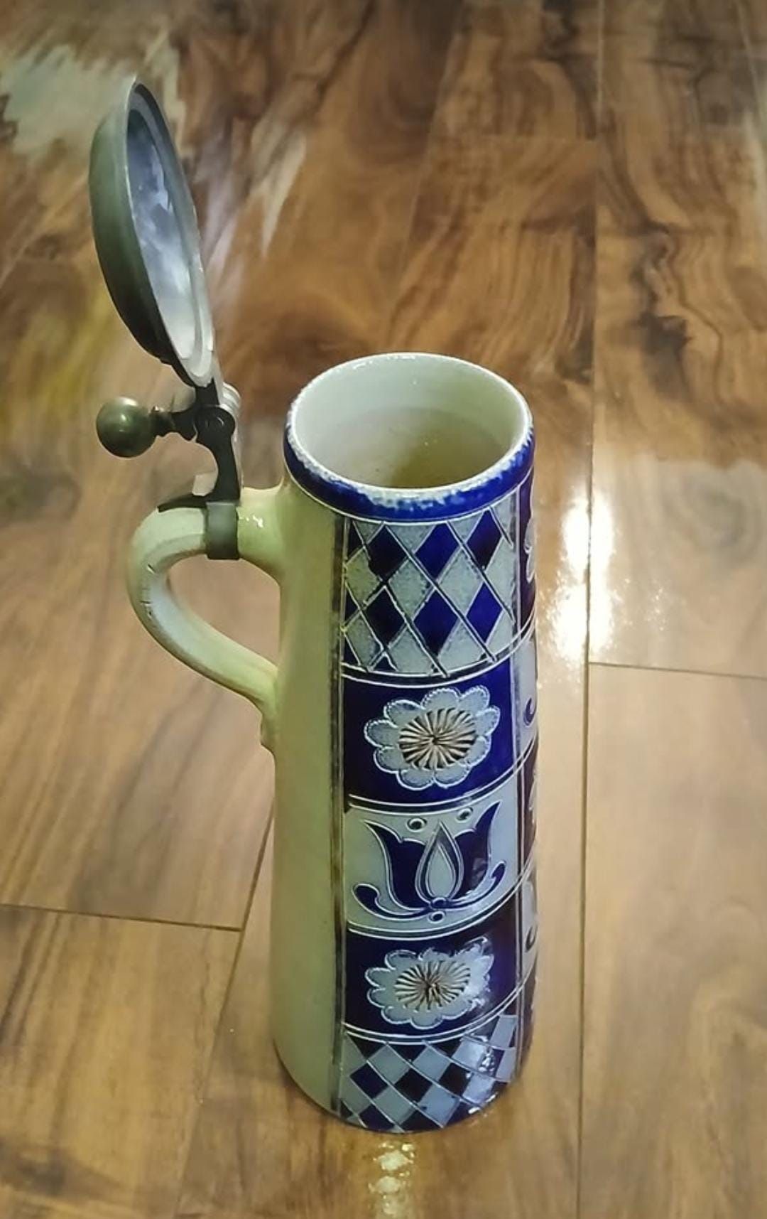 Rare Vintage German-Style Beer Stein with Pewter Lid – Blue & White Ceramic