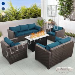 NEW🔥 Outdoor Patio Furniture Set Black Wicker Peacock Blue Cushions 45" Firepit ASSEMBLED