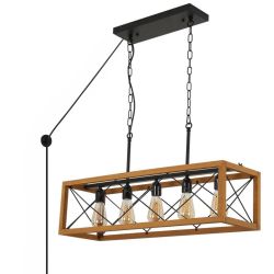 7393 Farmhous Kitchen Island Light Fixtures, 5-Light Pendant Light With Detachable Plug In Cord, Ceiling Mount Wood Linear Rectangle Chandelier For Di