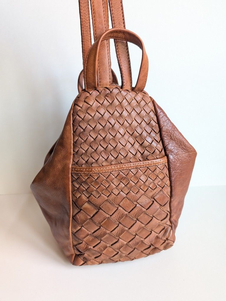 Convertible Hobo Backpack Cognac Tan Womens Leather Woven Bag