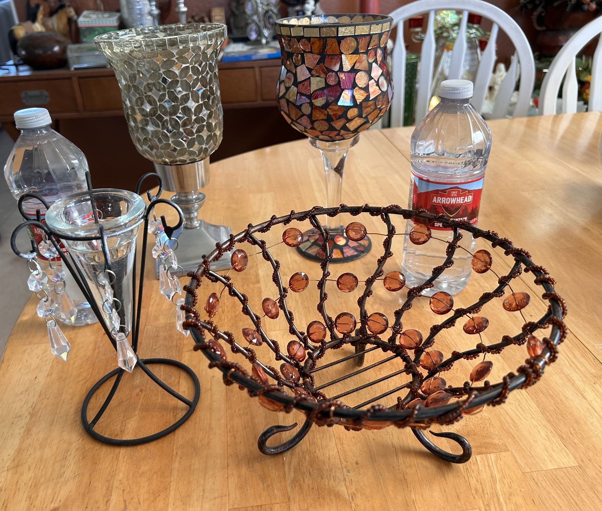 3 Decorative Candle Holders And Fruit Basket.