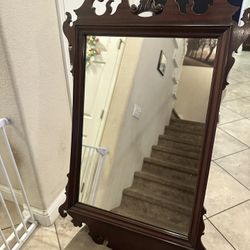 Antique Fleur de Lis Feather Scroll Mahogany Hall Ensemble Mirror W/Org Ship Tag