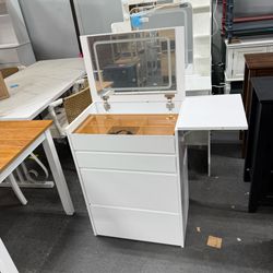 3 In 1 Vanity Desk, Compact Makeup Desk Flip-up Lighted Mirror Narrow Vanity Power Outlet Nightstand With Drawers For Small Space Bedroom, White