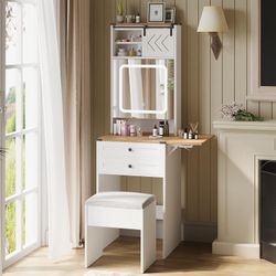 Farmhouse Small Vanity Desk Set with Mirror Cabinet Mini Makeup Vanities Set with 3 Adjustable Lights and Storage Chair for Compact Space, White Dress