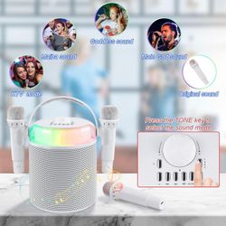 Karaoke Machine for Kids, HOT2GO Bluetooth Speaker with 2 Wireless Microphones, 5 Magic Voice Modes, 5 Connected Ways, LED Lights Effect for Home and 