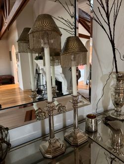 Pair of Vintage St. James Brazil Silverplate Candlestick Lamps w/ Beaded Fringe Shades