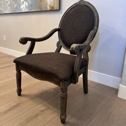 Louis XVI Style Oval Back French Grey Washed Armchair w/ Nailhead Pins