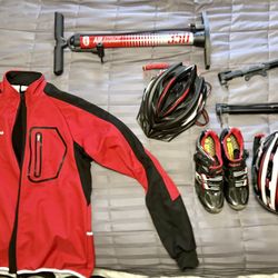 Bike jacket, clip in cycling shoes size 43, 3 different bike pumps, two quality helmets