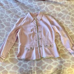 Liz Claiborne Pink Denim Jacket Ivory Trim Women's Large Ex. Cond