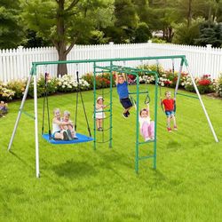 Swing Sets for Backyard with Monkey Bars, Belt Swing, Platform Swing, Climbing Net, Trapeze Bar, 
