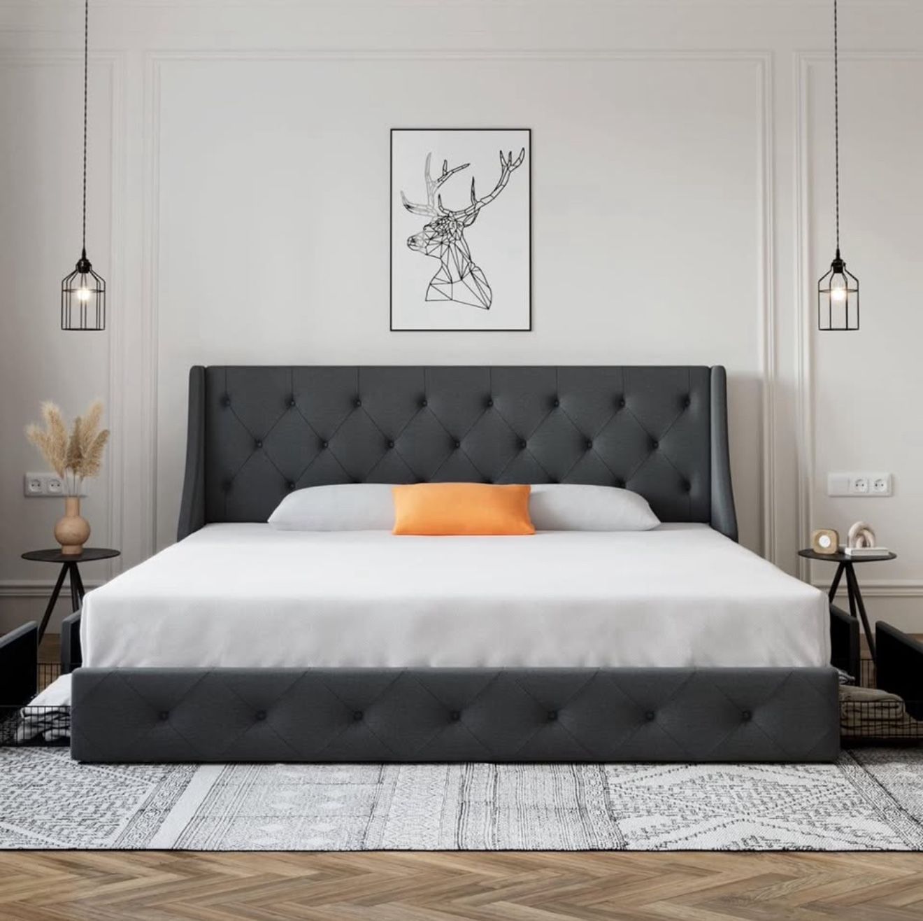 King Bedroom Set – Bed with Storage Drawers + 2 Nightstands – $400 Modern King-size bedroom set in very good condition. Includes: - Upholstered bed