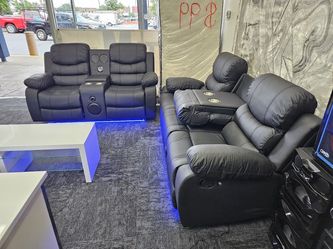 Free delivery black faux leather reciner set sofa loveseat speaker 2pc special