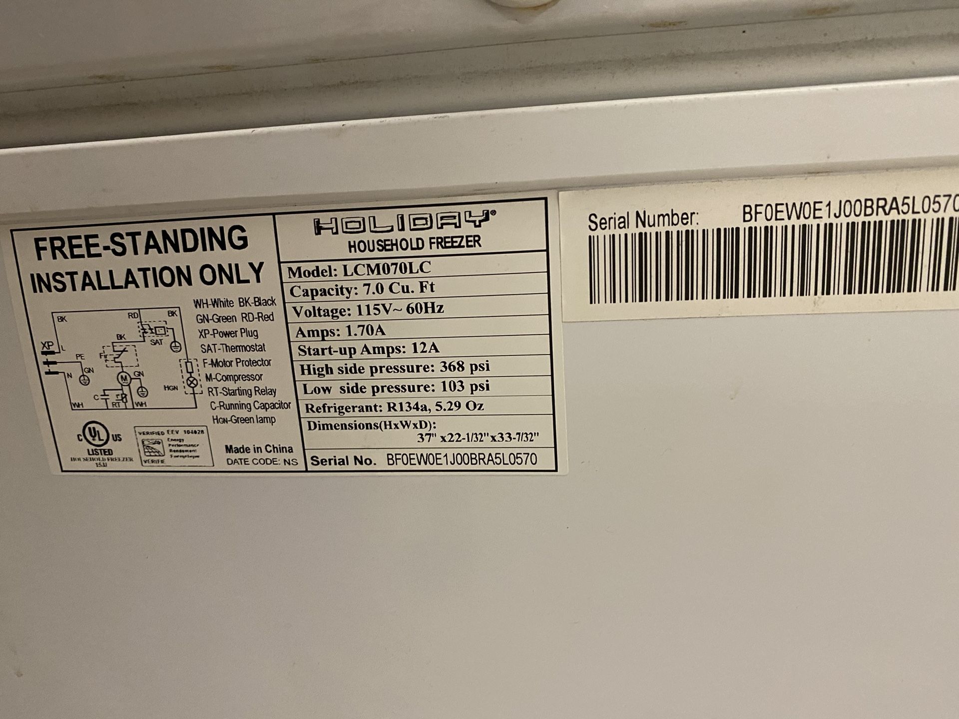 Holiday Chest Deep freezer 7 cubic ft . Works like new for Sale in