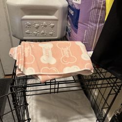 Cage, Food Container And Dog Bed 