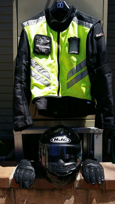 Motorcycle helmet, jacket, vest, gloves