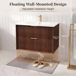 30 Inch Floating Bathroom Vanity with Sink, Wall Mounted, Walnut