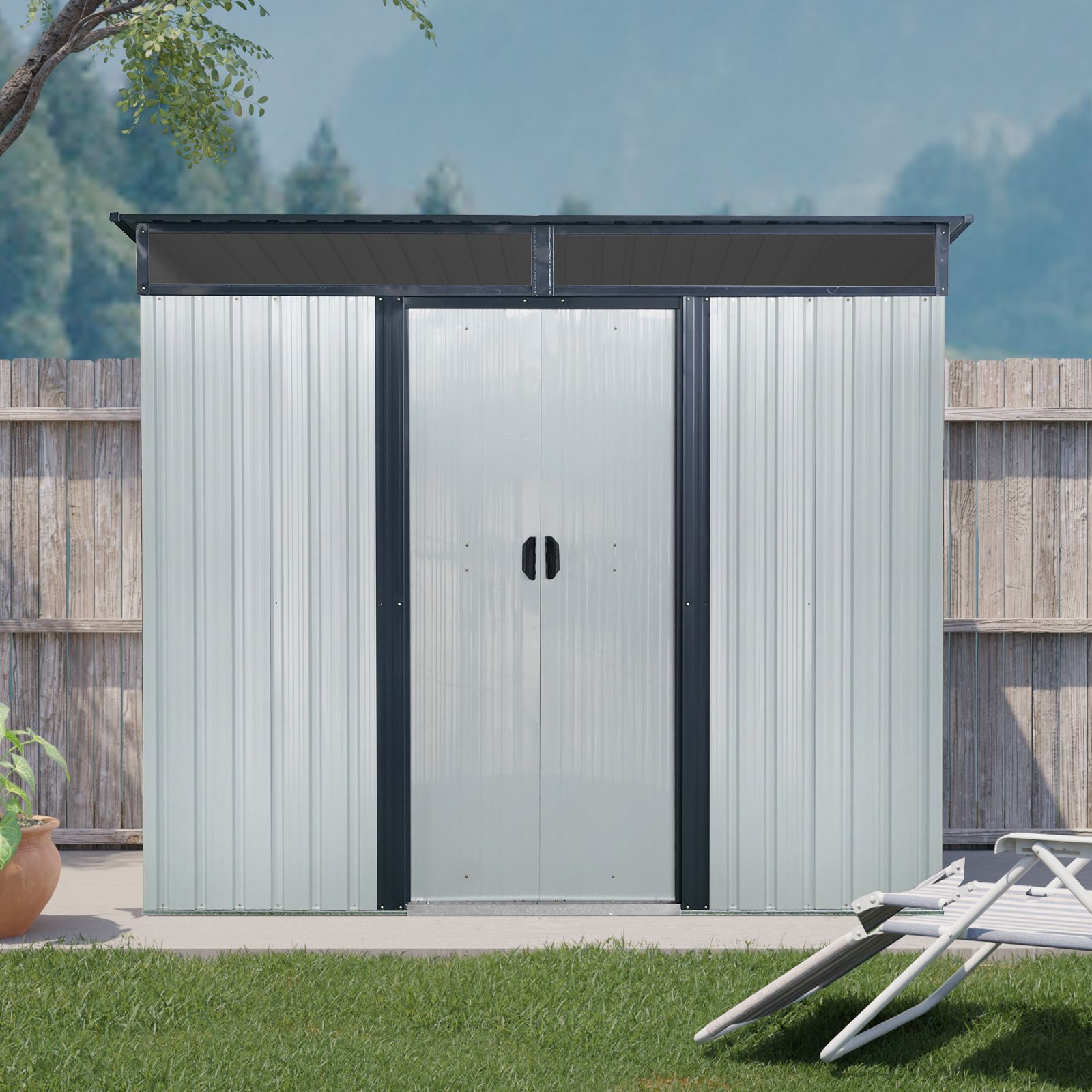 8ft x 6ft Outdoor Metal Storage with Lockable Sliding Doors and Transparent plate for Garden Lawn (White and Black)
