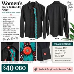 Women’s Black Button-Up Shirt w/ African Print Accent – $40 OBO