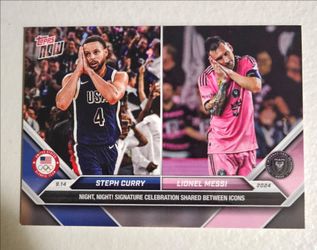 2024 Topps Now MLS #128 "Night, Night!" card featuring Stephen Curry and Lionel Messi