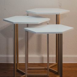 3-Piece Hexagonal Side Table in White Gold