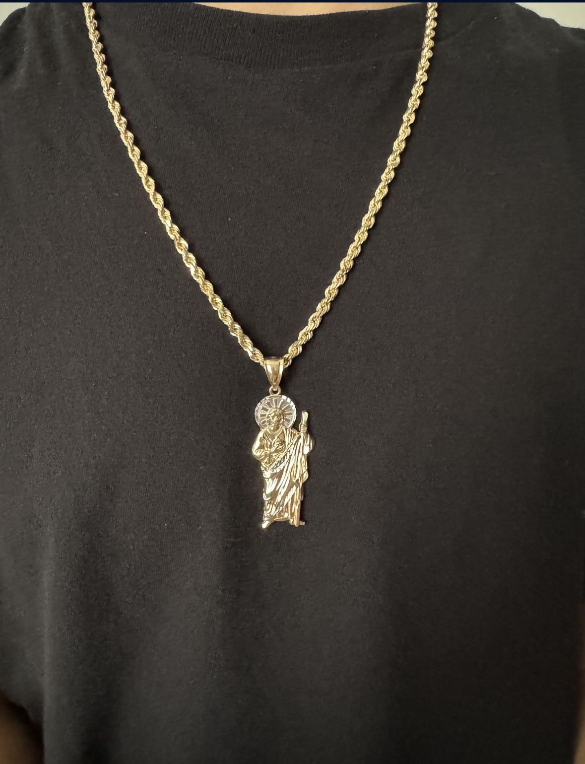 14K Solid Diamond Cut Rope Chain + San Judas Pendant
