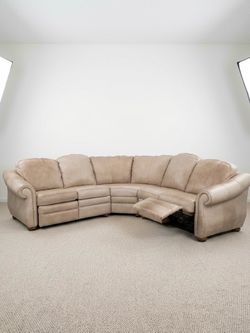 Beige Leather Curved Sectional Recliner Sofa