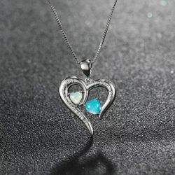 NEW Women Silver Unique Letter Heart Pendant Blue White heart Necklace