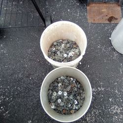 Two 5 Gallon Buckets Half Full Of Galvanized Roofing Tabs $20 Each Or Both For $30